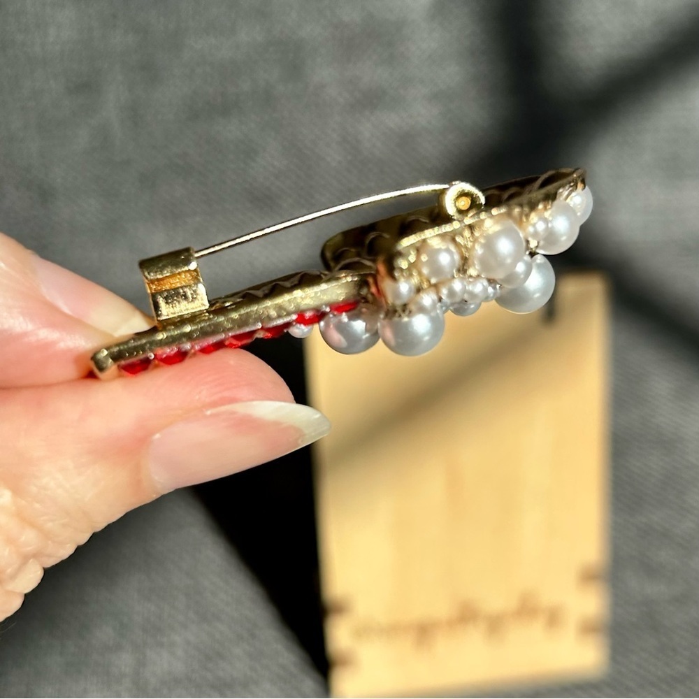 Red White Gold Rhinestone Popcorn Bucket Fashion Brooch Pin - Picture 7 of 17